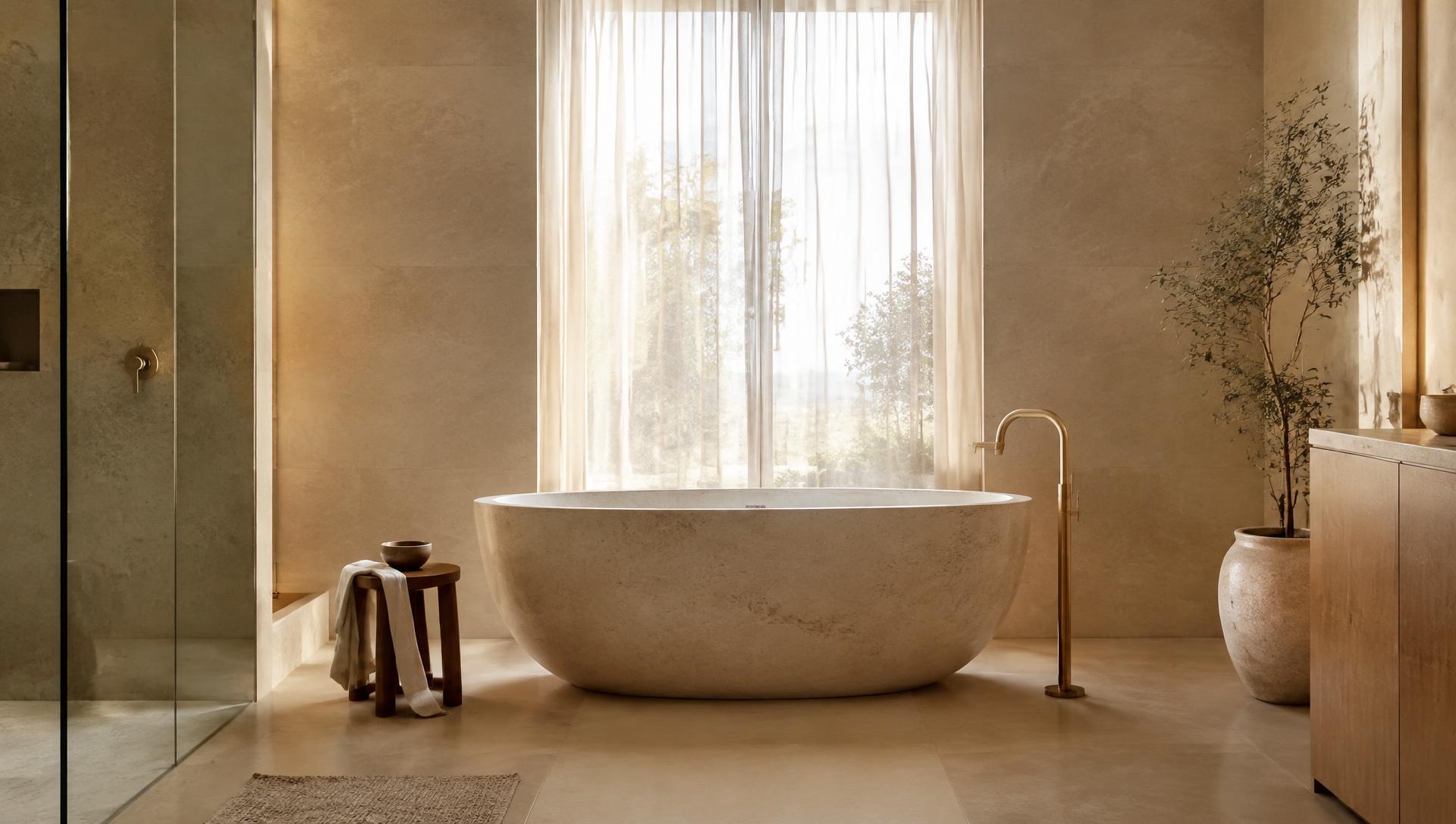 A calm contemporary bathroom with a stone bath
